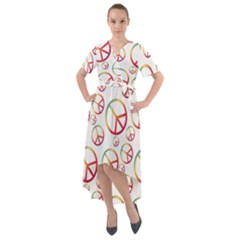 Colorful Rainbow Peace Symbols Front Wrap High Low Dress by SpinnyChairDesigns