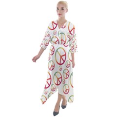 Colorful Rainbow Peace Symbols Quarter Sleeve Wrap Front Maxi Dress by SpinnyChairDesigns