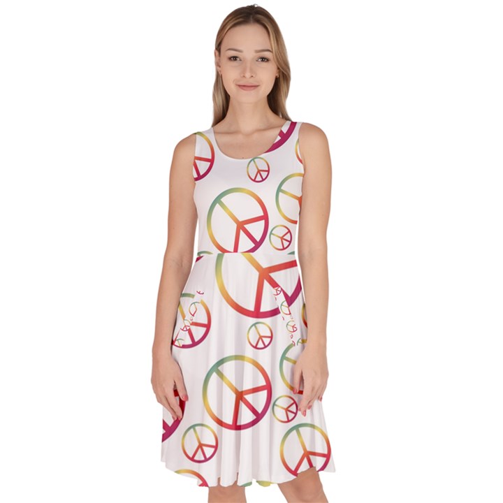 Colorful Rainbow Peace Symbols Knee Length Skater Dress With Pockets