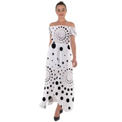 Abstract Black And White Polka Dots Off Shoulder Open Front Chiffon Dress