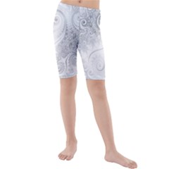 White Silver Swirls Pattern Kids  Mid Length Swim Shorts by SpinnyChairDesigns