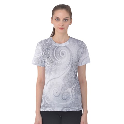 White Silver Swirls Pattern Women s Cotton Tee by SpinnyChairDesigns