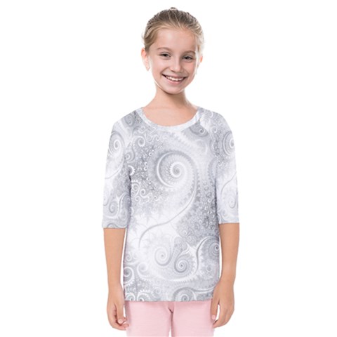 White Silver Swirls Pattern Kids  Quarter Sleeve Raglan Tee by SpinnyChairDesigns