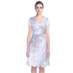 White Silver Swirls Pattern Short Sleeve Front Wrap Dress by SpinnyChairDesigns