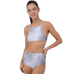 White Silver Swirls Pattern High Waist Tankini Set by SpinnyChairDesigns