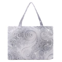 White Silver Swirls Pattern Zipper Medium Tote Bag by SpinnyChairDesigns