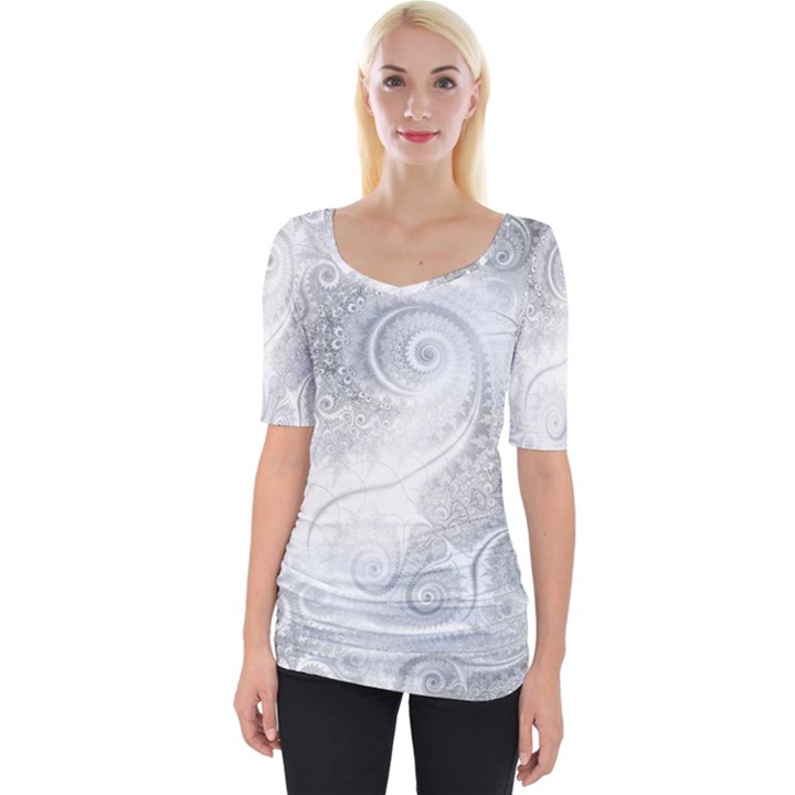 White Silver Swirls Pattern Wide Neckline Tee