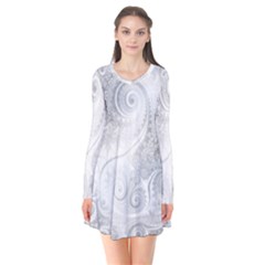 White Silver Swirls Pattern Long Sleeve V-neck Flare Dress by SpinnyChairDesigns