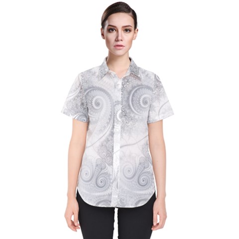 White Silver Swirls Pattern Women s Short Sleeve Shirt by SpinnyChairDesigns