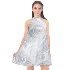 White Silver Swirls Pattern Halter Neckline Chiffon Dress  by SpinnyChairDesigns