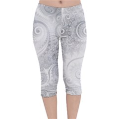 White Silver Swirls Pattern Velvet Capri Leggings  by SpinnyChairDesigns