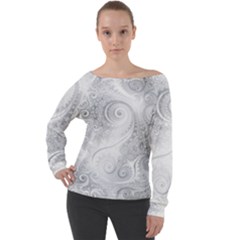 White Silver Swirls Pattern Off Shoulder Long Sleeve Velour Top