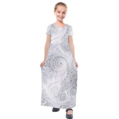 White Silver Swirls Pattern Kids  Short Sleeve Maxi Dress by SpinnyChairDesigns