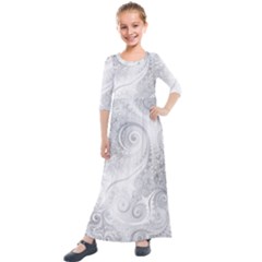 White Silver Swirls Pattern Kids  Quarter Sleeve Maxi Dress by SpinnyChairDesigns