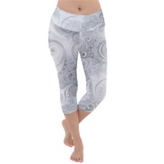 White Silver Swirls Pattern Lightweight Velour Capri Yoga Leggings by SpinnyChairDesigns