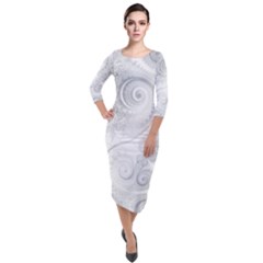 White Silver Swirls Pattern Quarter Sleeve Midi Velour Bodycon Dress by SpinnyChairDesigns