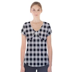 Black And White Buffalo Plaid Short Sleeve Front Detail Top by SpinnyChairDesigns