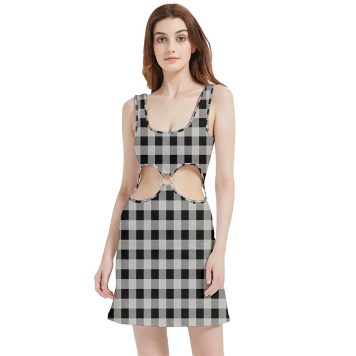 Black and White Buffalo Plaid Velvet Cutout Dress