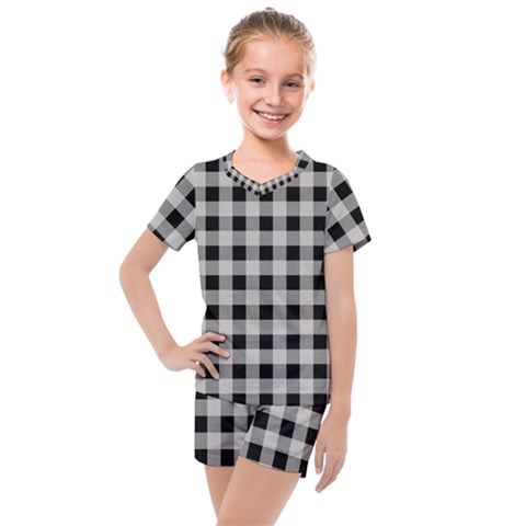 Black And White Buffalo Plaid Kids  Mesh Tee And Shorts Set by SpinnyChairDesigns