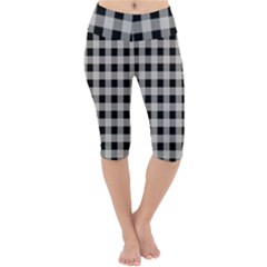 Black And White Buffalo Plaid Lightweight Velour Cropped Yoga Leggings by SpinnyChairDesigns