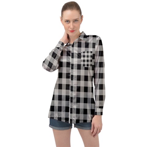 Black And White Buffalo Plaid Long Sleeve Satin Shirt by SpinnyChairDesigns