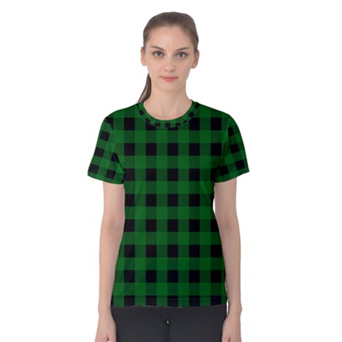 Black Dark Green Buffalo Plaid Women s Cotton Tee by SpinnyChairDesigns