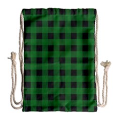 Black Dark Green Buffalo Plaid Drawstring Bag (large) by SpinnyChairDesigns