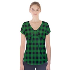 Black Dark Green Buffalo Plaid Short Sleeve Front Detail Top by SpinnyChairDesigns