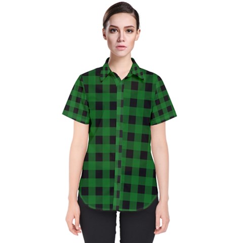 Black Dark Green Buffalo Plaid Women s Short Sleeve Shirt by SpinnyChairDesigns