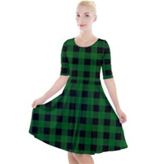 Black Dark Green Buffalo Plaid Quarter Sleeve A-line Dress by SpinnyChairDesigns