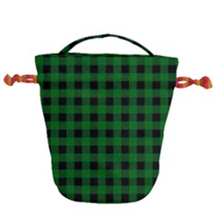 Black Dark Green Buffalo Plaid Drawstring Bucket Bag by SpinnyChairDesigns