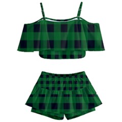 Black Dark Green Buffalo Plaid Kids  Off Shoulder Skirt Bikini by SpinnyChairDesigns