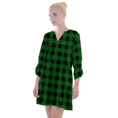 Black Dark Green Buffalo Plaid Open Neck Shift Dress