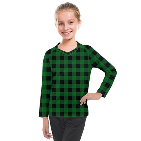 Black Dark Green Buffalo Plaid Kids  Long Mesh Tee by SpinnyChairDesigns