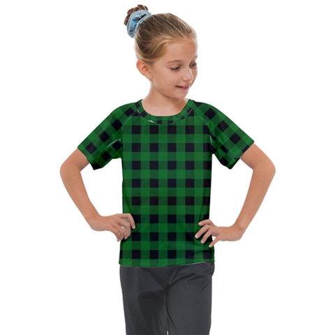 Black Dark Green Buffalo Plaid Kids  Mesh Piece Tee by SpinnyChairDesigns