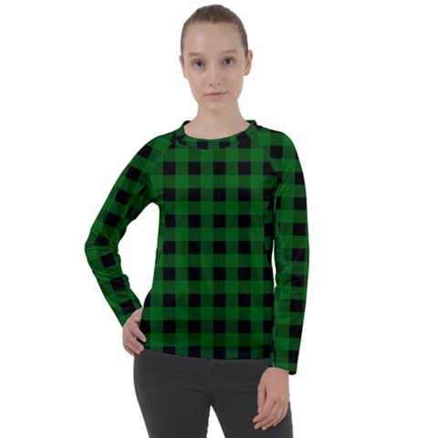 Black Dark Green Buffalo Plaid Women s Long Sleeve Raglan Tee by SpinnyChairDesigns