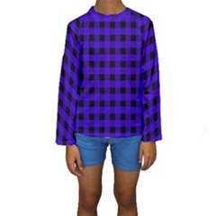 Dark Blue Black Buffalo Plaid Kids  Long Sleeve Swimwear by SpinnyChairDesigns