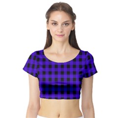 Dark Blue Black Buffalo Plaid Short Sleeve Crop Top by SpinnyChairDesigns