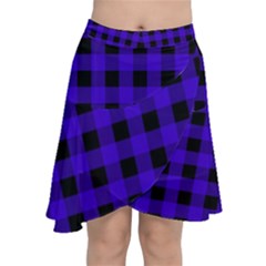 Dark Blue Black Buffalo Plaid Chiffon Wrap Front Skirt by SpinnyChairDesigns