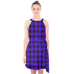 Dark Blue Black Buffalo Plaid Halter Collar Waist Tie Chiffon Dress by SpinnyChairDesigns