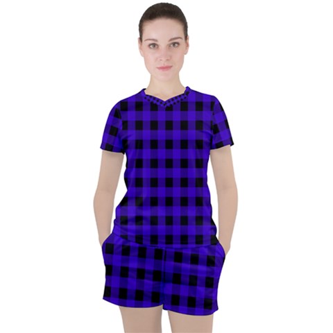 Dark Blue Black Buffalo Plaid Women s Tee And Shorts Set by SpinnyChairDesigns