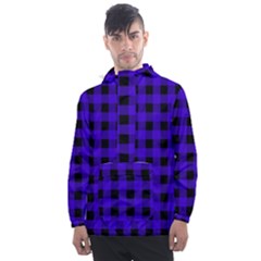 Dark Blue Black Buffalo Plaid Men s Front Pocket Pullover Windbreaker by SpinnyChairDesigns