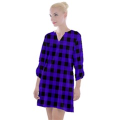 Dark Blue Black Buffalo Plaid Open Neck Shift Dress