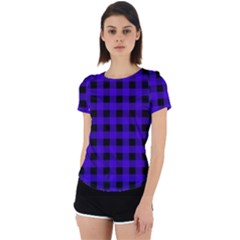 Dark Blue Black Buffalo Plaid Back Cut Out Sport Tee