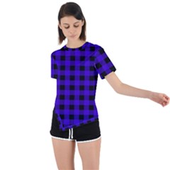 Dark Blue Black Buffalo Plaid Asymmetrical Short Sleeve Sports Tee