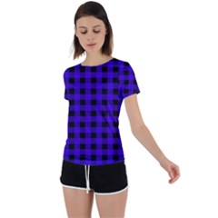 Dark Blue Black Buffalo Plaid Back Circle Cutout Sports Tee