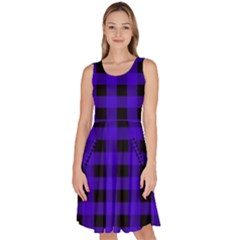 Dark Blue Black Buffalo Plaid Knee Length Skater Dress With Pockets by SpinnyChairDesigns