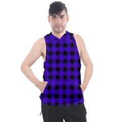 Dark Blue Black Buffalo Plaid Men s Sleeveless Hoodie by SpinnyChairDesigns