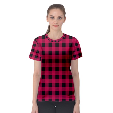 Dark Pink Black Buffalo Plaid Women s Sport Mesh Tee by SpinnyChairDesigns