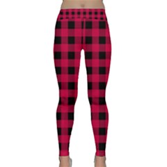 Dark Pink Black Buffalo Plaid Classic Yoga Leggings by SpinnyChairDesigns